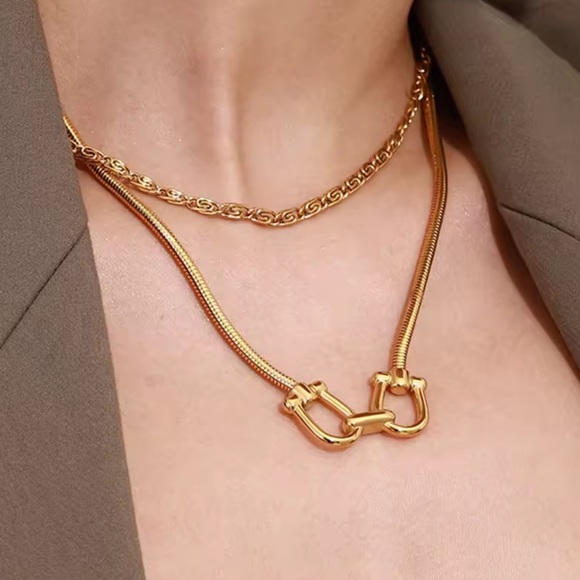 Modest Lu Jewelry - Gold Snake Chain Horse Bit Carabiner Double Clasp Necklace Brand New